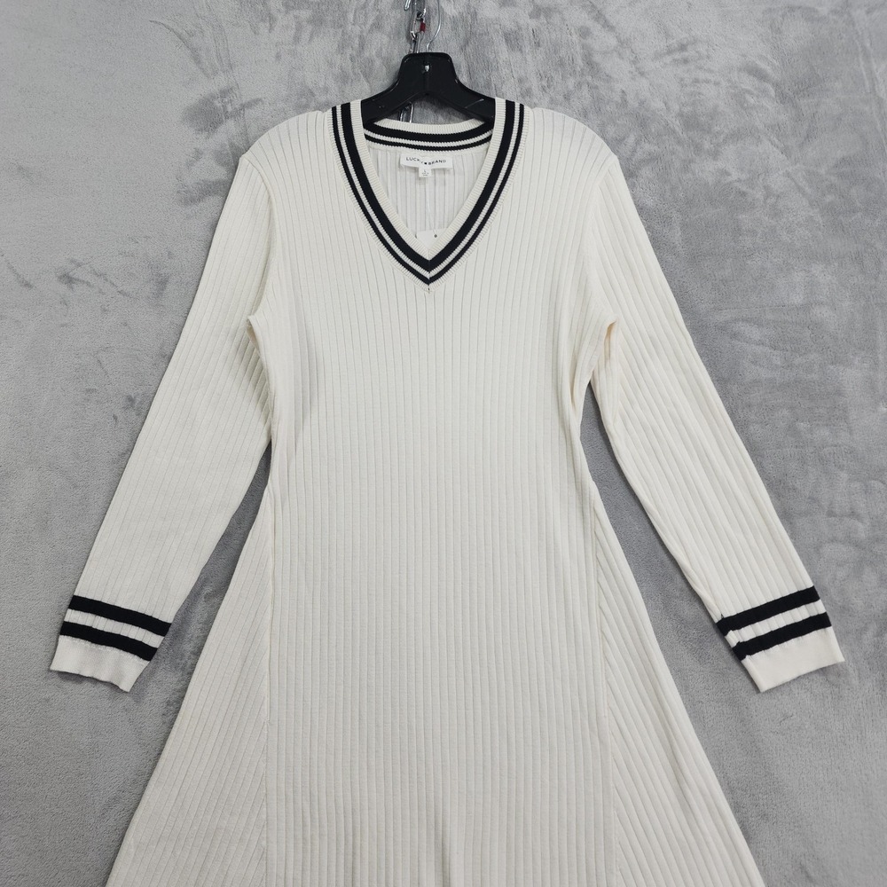NEW Lucky Brand Dress Womens L White Black Stripe V-Neck Sweater Midi A-Line - Picture 2 of 14